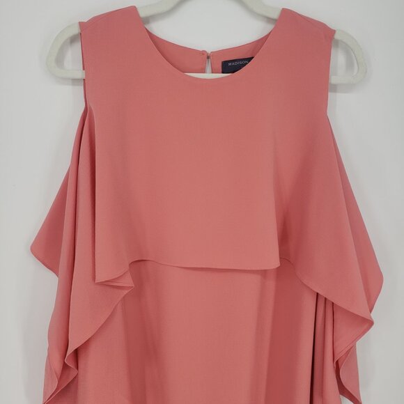 3/$25 Madison Cold Shoulder Shift Dress 2X Draped Cape Tiered Coral Orange - Picture 4 of 12